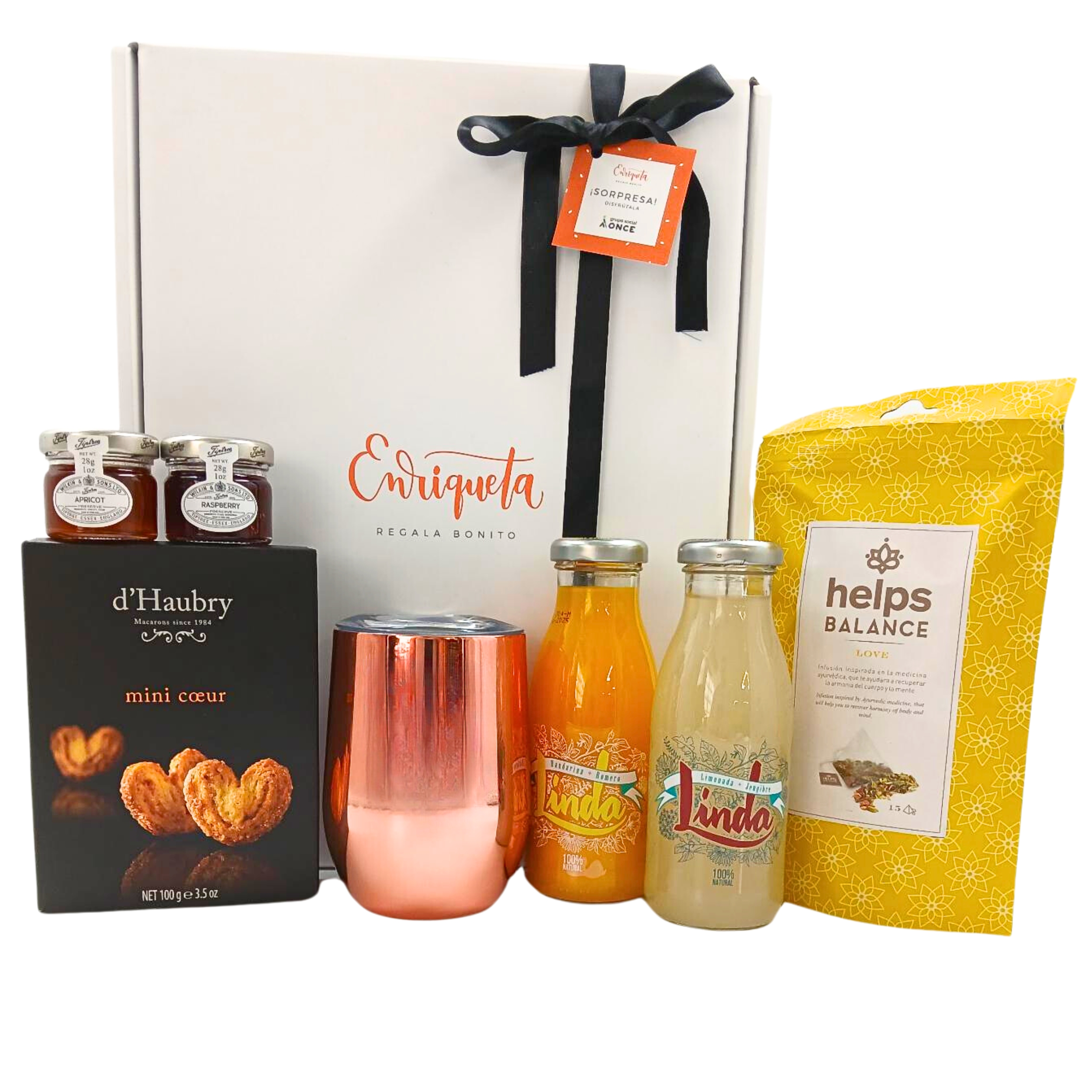 Cesta blanca con lazo negro a la derecha, vaso térmico, dos mini mermeladas, paquete de infusión, caja de mini palmeras, zumo de limón y zumo de mandarina  image number null